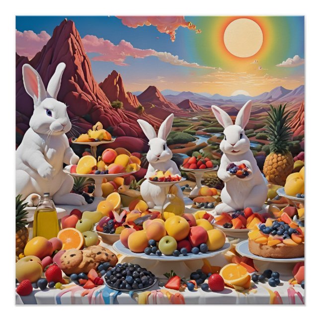 Pôster Bunnies Brancos com Paisagem Fruta (Frente)