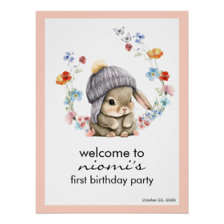 Pôster Bunny Floral First Birthday Welcome Sign