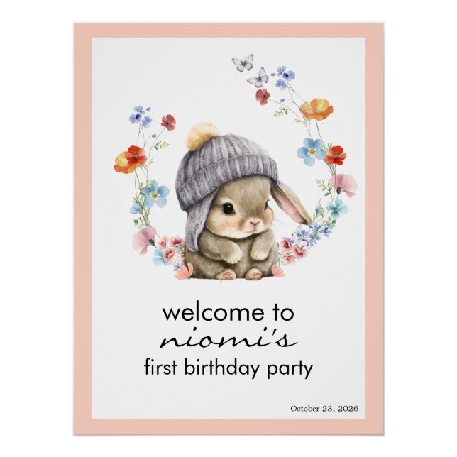 Pôster Bunny Floral First Birthday Welcome Sign (Frente)