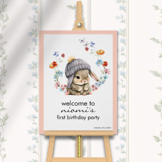 Pôster Bunny Floral First Birthday Welcome Sign