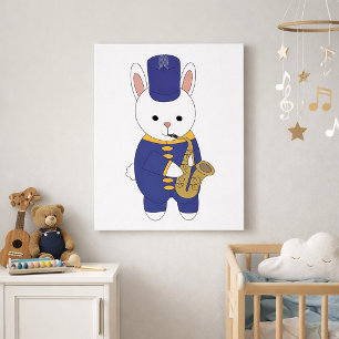 Poster Bunny Fofo Marcha com Banda Toca Saxofone Azul