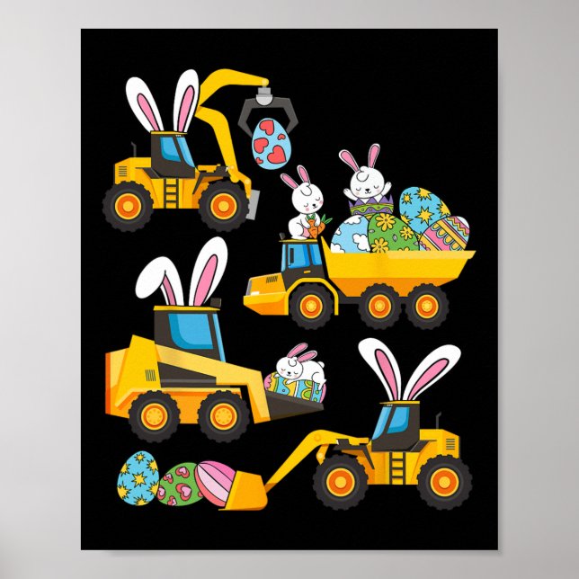Poster Bunny Ovos Escavadeira de Construção Dia de Páscoa (Frente)