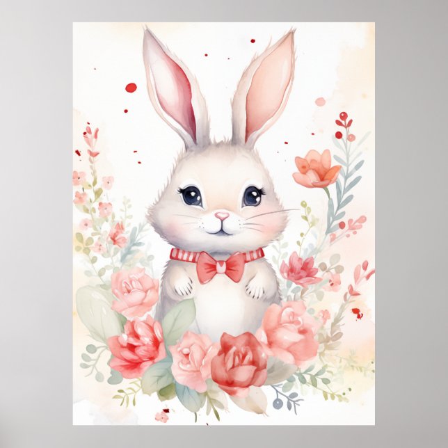 Poster Bunny Pastel com rosas e arco vermelho (Frente)