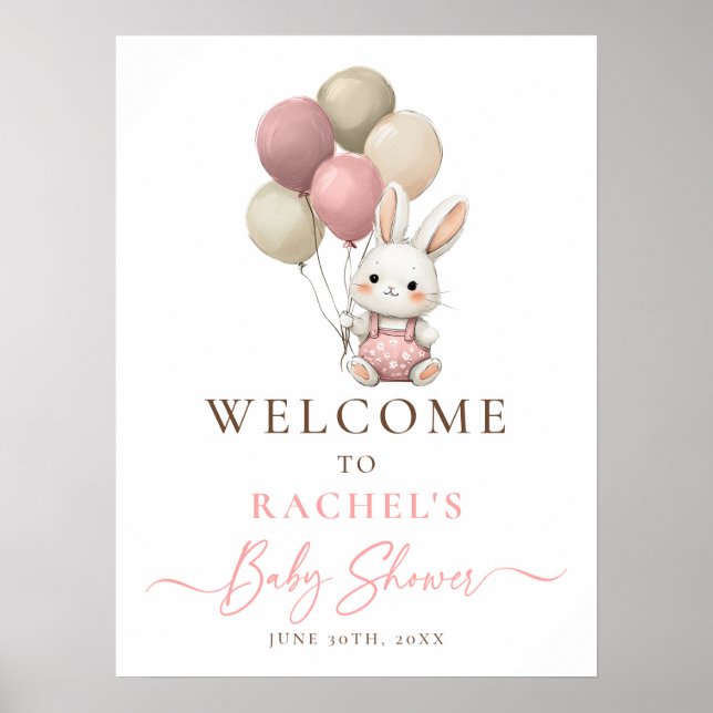 Poster Bunny Rabbit Balloon Pink Baby Girl Chá bem-vindo (Frente)