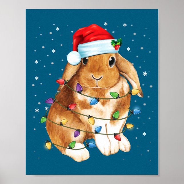 Poster Bunny Rabbit Christmas Lights Santa Hat Funny Xmas (Frente)