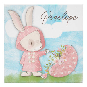 Pôster Bunny Rabbit Guarda-chuvas e flores