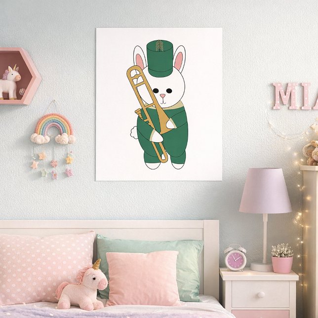 Poster Bunny Rabbit Trombone Marching Band Green Gold (A poster of a rabbit holding a trombone in a green & gold marching band uniform.)