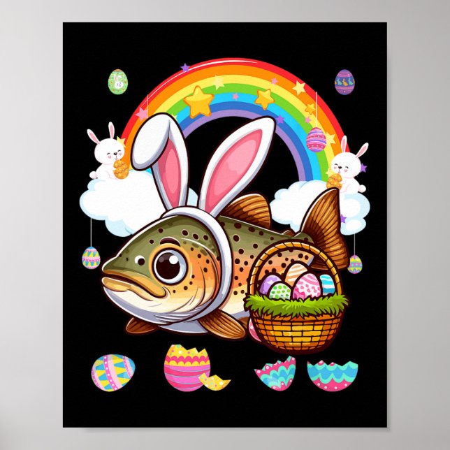 Poster Bunny Trout Fish Easter Hunting Eggs Bysket Colorf (Frente)