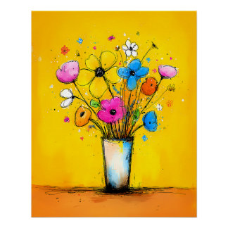 Pôster Bunter Blumenstrauß in Vase - Pop Art Cartoon Stil