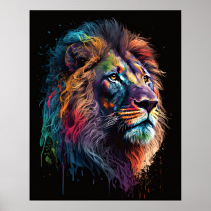Poster Bunter Löwenkopf mit Farbtropfen