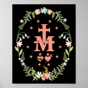 Poster Buquê Católico Cruz Medalha Milagrosa Rosa
