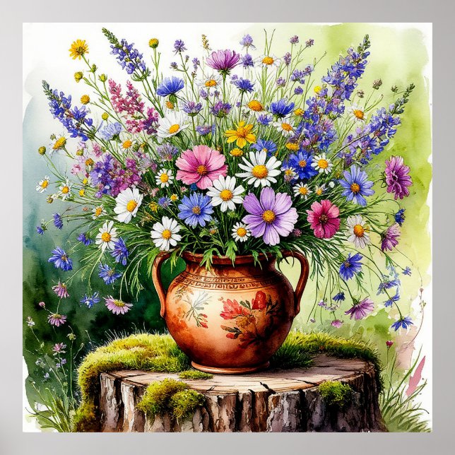Poster Buquê de aguarela de flores silvestres em vaso (Frente)