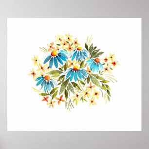 Poster Buquê de aquarela, margarida macia, folhas pequen