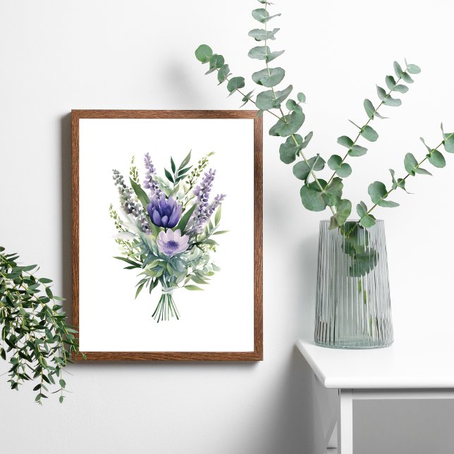 Poster Buquê de Flor Roxa Lavanda Eucalipto Folhagem (Lavender, purple flowers, eucalyptus and greenery in this beautiful bouquet of flowers.)