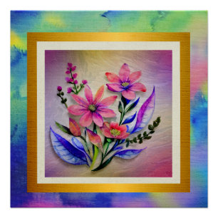 Pôster Buquê de Flores Aquarela, Fundo Colorido
