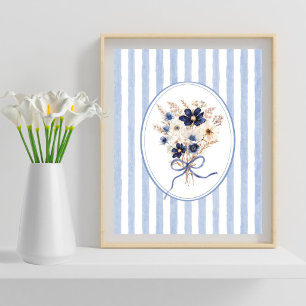 Poster Buquê de Flores Azuis Marinho Listras Florais