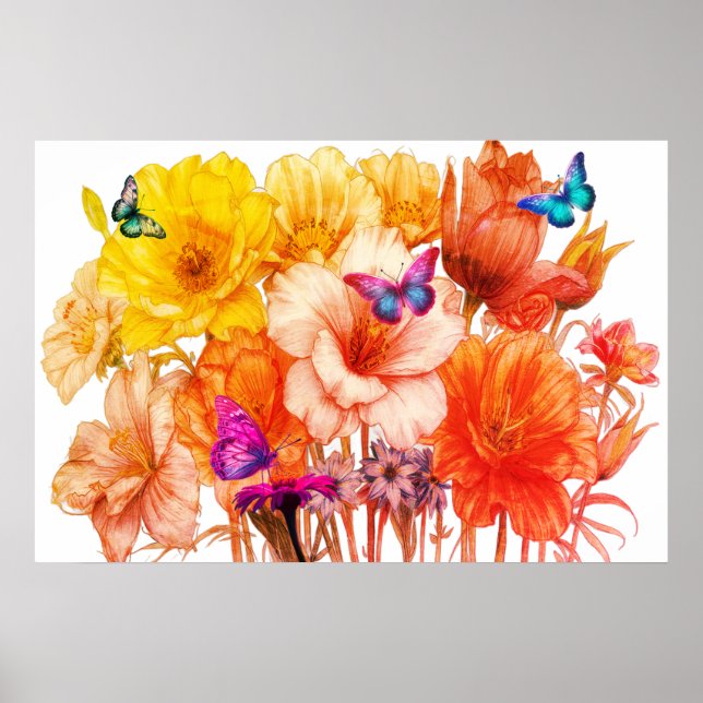 Poster Buquê de Flores e Borboletas na Parede Bonita (Frente)