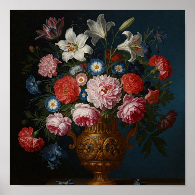 Poster Buquê de flores em vaso antigo detalhado (Frente)