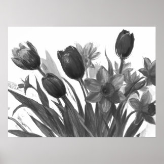 Poster Buquê de Flores Pretas e Brancas Floridas na Pared