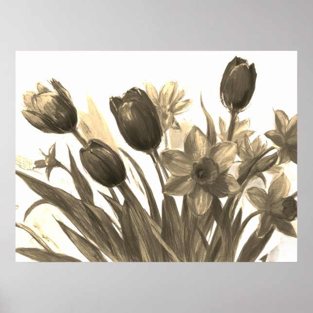 Poster Buquê de Flores Pretas e Marfim em Flor na Parede (Frente)