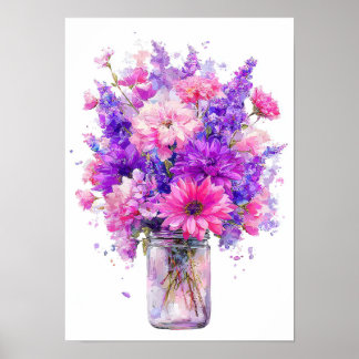 Poster Buquê de Flores Rosa Roxo Aquarela em Jar