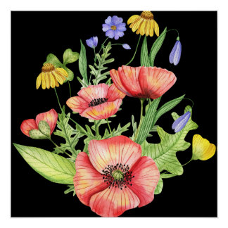 Pôster Buquê de Flores Silvestres Botânicas Arte em Aquar