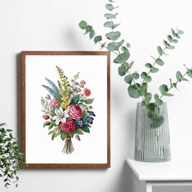 Poster Buquê de Flores Silvestres Rosa Azul Amarelo Branc (Vintage Wildflowers poster print. Colors are Pink Blue Yellow and White. Printed or Digital Download)