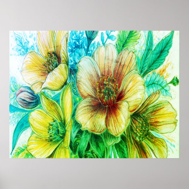 Poster Buquê de Flores Verdes em Flor na Parede (Frente)