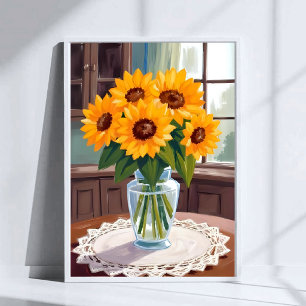 Poster Buquê de Girassóis Aquarela Floral Amarelo Pintado