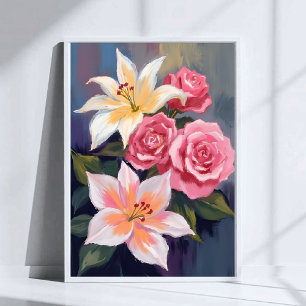 Poster Buquê de Lirios Brancos Rosa Rosa Aquarela Floral