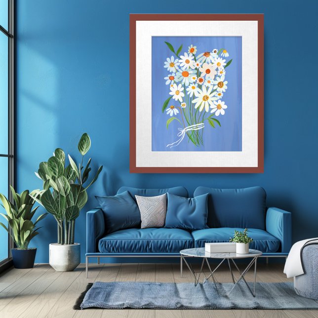 Poster Buquê de margarida branca na pintura de Gouache az (White Daisy Bouquet on Blue Gouache Painting Wall Art Poster
)