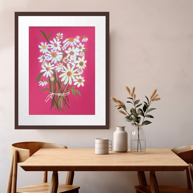 Poster Buquê de margarida branca na pintura de Gouache ro (White Daisy Bouquet on Pink Gouache Painting Art Poster Wall Art)