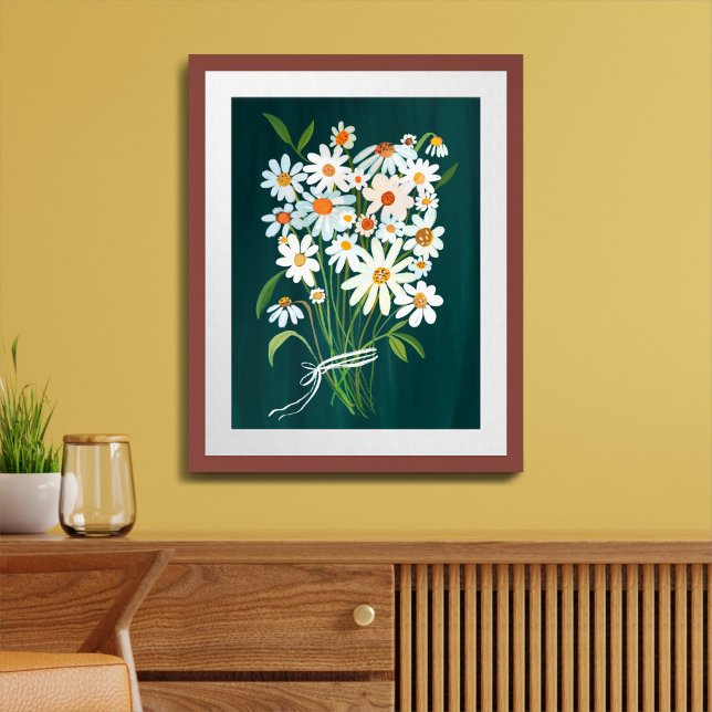 Poster Buquê de margarida branca na pintura de Gouache Te (White Daisy Bouquet on Teal  Green Gouache Painting Art Poster
)