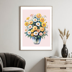 Poster Buquê de margaridas aquarela amarelo branco       