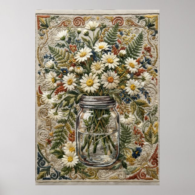 Poster Buquê de Margaridas e Flores Silvestres em Jarra d (Frente)