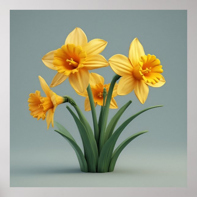 Poster Buquê de Narcisos Amarelos Brilhantes com Folhas V (Frente)