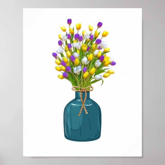 Poster Buquê de Tulip na Vaso de Cor Ciano (Frente)