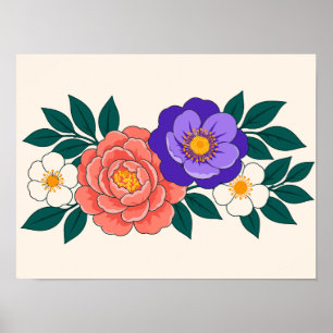 Poster Buquê Floral com Flores Roxas e Coral