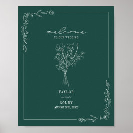 Poster Buquê Line Art Emerald Wedding Bem-vindo