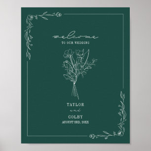 Poster Buquê Line Art Emerald Wedding Bem-vindo