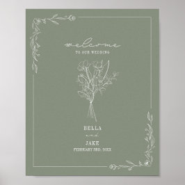 Poster Buquê Line Art Sage Green Weding Bem-vindo