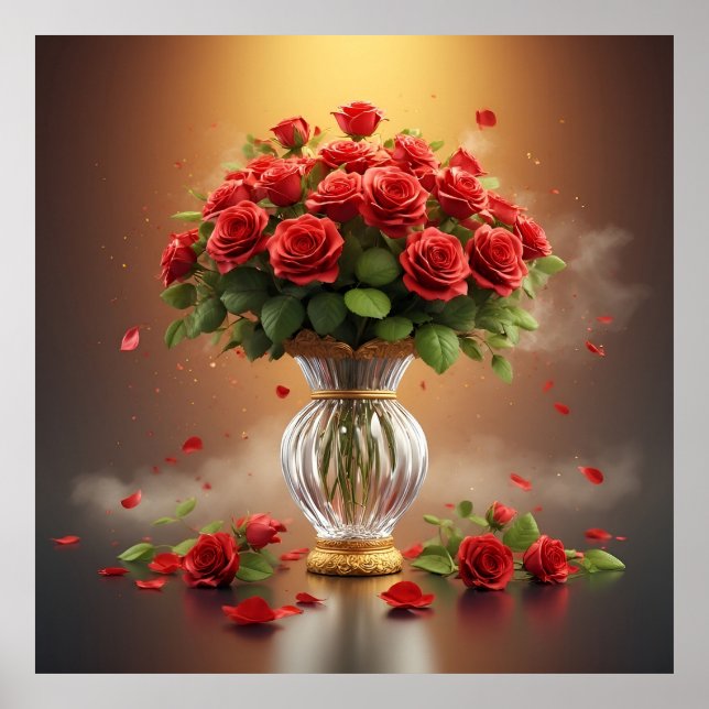 Poster Buquê Opulento de Rosas Vermelhas em Vaso de Crist (Frente)