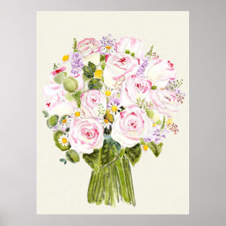 Poster buquê rosa e rosa amarelo pintado à mão