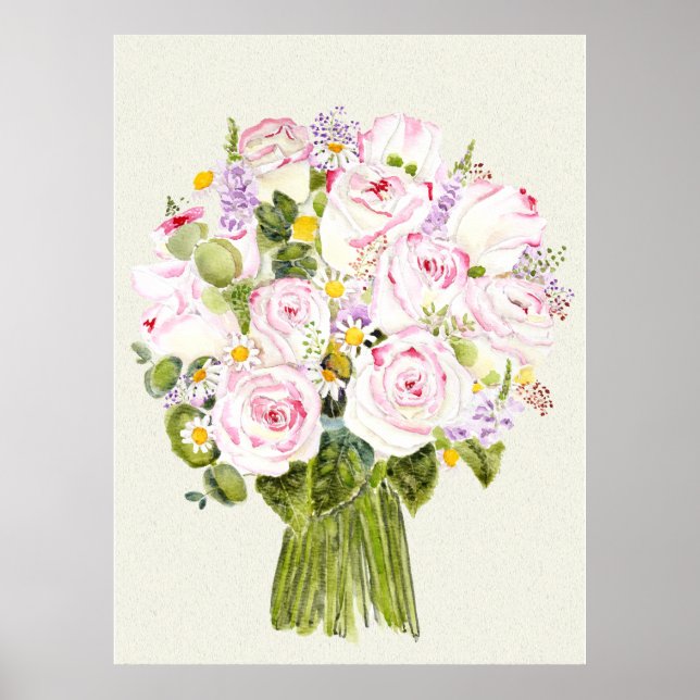Poster buquê rosa e rosa amarelo pintado à mão (Frente)