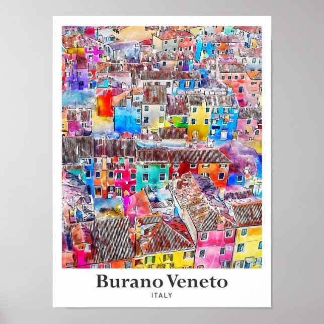 Poster Burano Veneto Itália Viagem Watercolor (Frente)