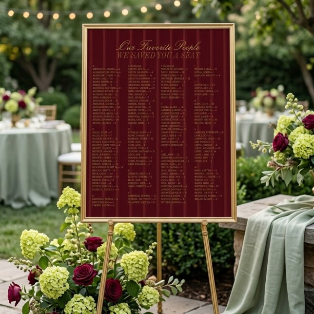 Poster Burgundy Alphabetical Wedding Seating Chart (Burgundy Alphabetical Wedding Seating Chart)