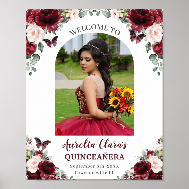 Poster Burgundy Blush Floral Quinceañera Foto de Boas-vin (Frente)
