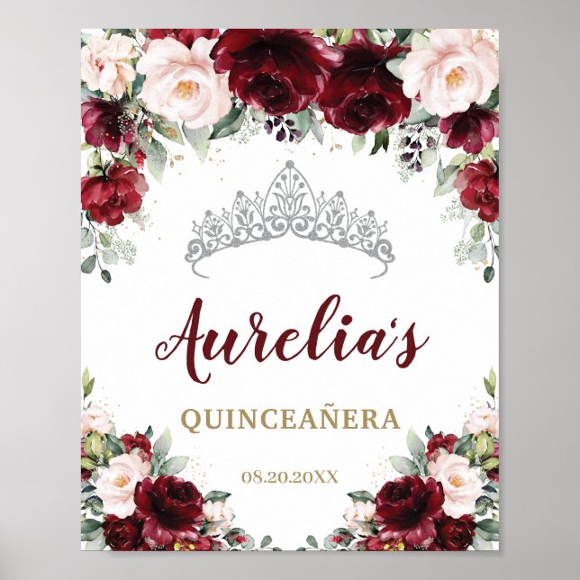 Poster Burgundy Blush Floral Quinceañera Tiara Boas-vinda (Frente)