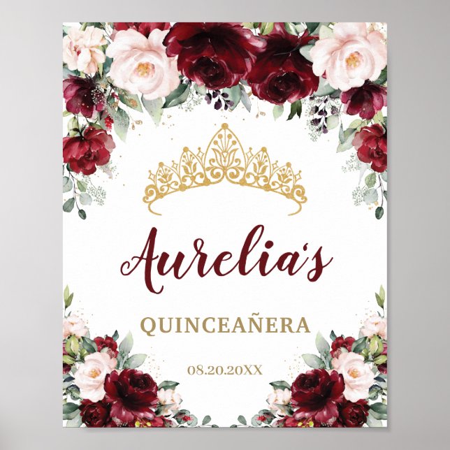 Poster Burgundy Blush Floral Quinceañera Tiara Boas-vinda (Frente)