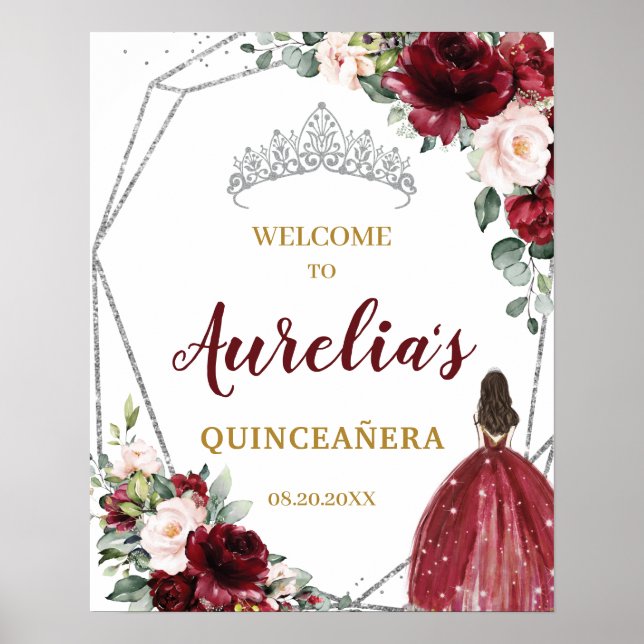 Poster Burgundy Blush Floral Silver Quinceañera Bem-vindo (Frente)
